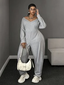 Maweii Plus Size European & American Sexy V-Neck Grey Long Sleeve Sports Sweatshirt Jumpsuit - Grey - View 2