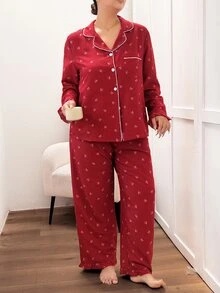 Napfluff CURVE Napfluff CURVE Plus Size Bow Striped Print Contrast Piping PJ Set - Red - View 6