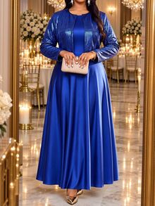 Fleurora 2-delat avslappnat set för kvinnor i plus size med enfärgad klänning och kofta - Blå - Visa 4