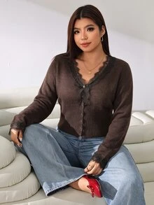 Solflare Plus Lace Trim Button Front Cardigan - Brown - View 3