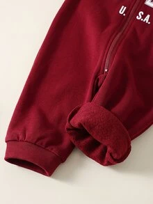 SHEIN 男童休閒可愛字母印花連帽冬季衛衣連身衣 - 酒紅色 - 查看 4