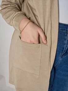 Chikora Plus Size Black Knit Pocket Loose Fit Cardigan With Pockets,Business Casual Woman Winter Fall Autumn - Camel - View 7