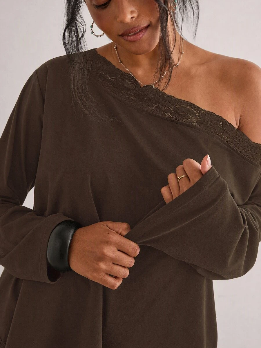 Freevana Women Casual Black Lace Trim Off The Shoulder Long Sleeve Slouchy Loose T-Shirt Blouse Tops Fall - Coffee Brown - View 1