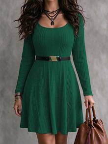 Vionelle Plus Ribbed Knit Scoop Neck Dress Without Belt Fall Cloth For Women - Dark Green - View 4