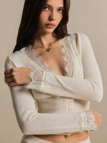 Poéselle Lace Trim Crop Cardigan & Knit Skirt - White - View 6