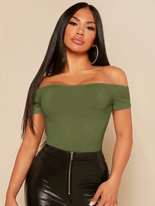 SHEIN SXY 女款露肩純色黑色連身衣套裝 - 軍綠色 - 查看 5