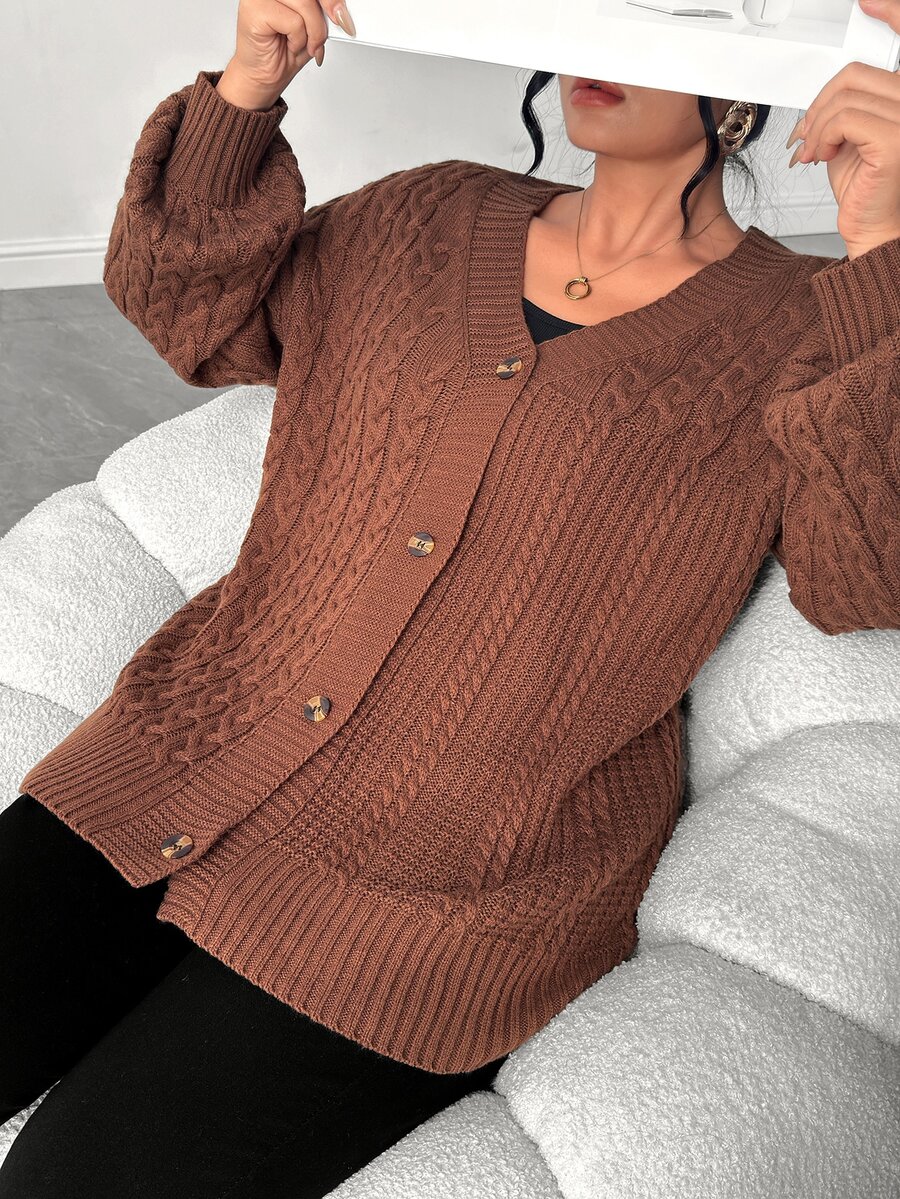 Elenzga Plus Size V-Neck Button Cable Knit Lantern Sleeve Sweater, Casual And Comfortable - Brown - View 1