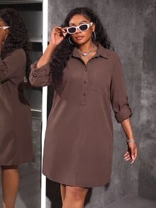 Slaydiva Plus Size Women's Solid Color Casual Daily Summer Denim Dress - Brown - View 7