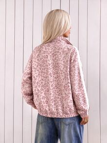 SHEIN EZwear 女款豹紋拼色休閒日常長袖夾克 - 淺粉色 - 查看 2