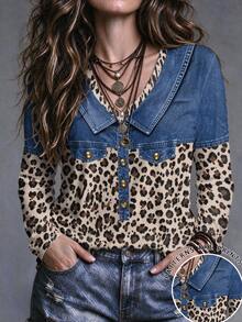 SHEIN LUNE Plus Size Women Leopard Print Colorblock Casual Everyday T-Shirt - Multicolor - View 1