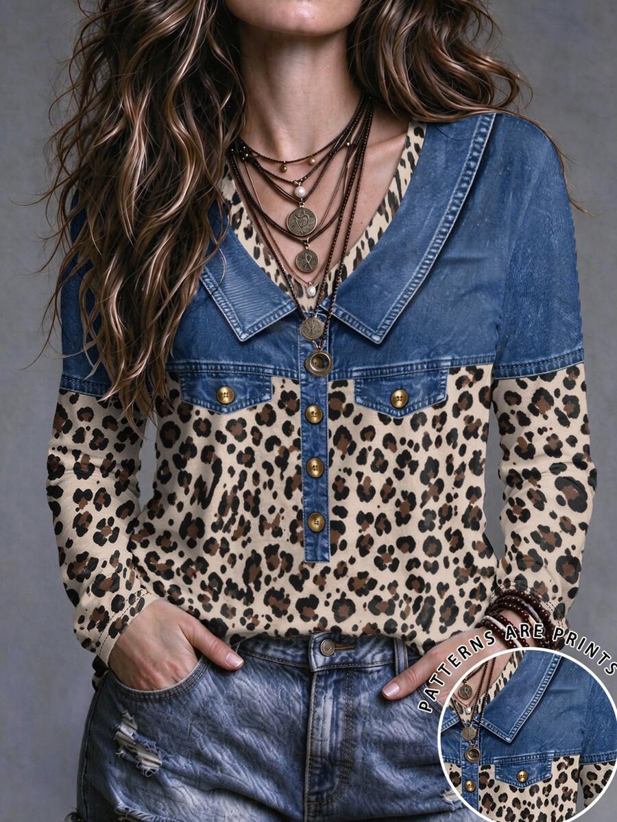 SHEIN LUNE Plus Size Women Leopard Print Colorblock Casual Everyday T-Shirt - Multicolor - View 1