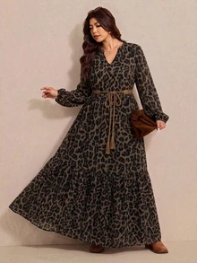 Elaquor Đầm dài màu nâu họa tiết da báo phong cách vintage size lớn, mùa Thu/Đông - Nhiều màu - Xem 4