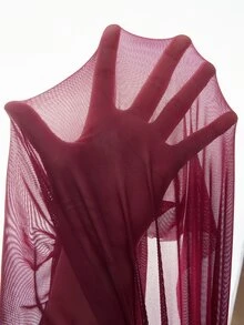 Firerie Wine Red Mesh Ruched Slimming Plus Size Party Date Long Dress/Elegant Sophisticated Unique Sexy Deep V-Neck Maxi Dress - Burgundy - View 7