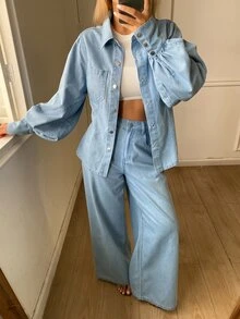 Livesso Autumn Light Wash Blue Collared Button Pocket Decor Short Denim Jacket & Wide Leg Denim Pants Set - Light Wash - View 3