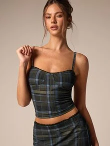 Athîral Plaid Print Bustier Crop Cami Top & Low Waist Skirt Set - Army Green - View 5