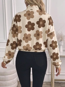 SHEIN LUNE 女款休閒優雅拉鍊連帽衛衣，花卉衛衣，女款秋冬服飾 - 彩色 - 查看 2