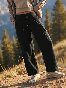 WanderVale Women's Solid Color Drawstring Waist Casual Daily Outdoor Long Pants - Black - View 4