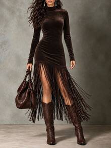 LUMIGAL Vintage Elegant Western Cowboy Style Solid Color High Neck Hemline Patchwork Fringe Fitted Mid-Length Dress - Coffee Brown - View 7