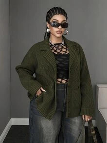 Maweii Plus Size Women's Sweater Cardigan, With Pockets And Straps, Army Green, Warm, Casual, Autumn/Winter - Army Green - View 5