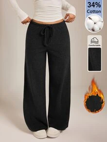 SHEIN PETITE بنطال طويل كاجوال يومي للنساء بلون موحد مع خصر برباط سحب - الأسود - مشاهدة 3
