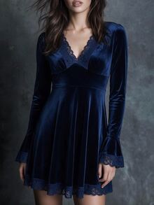New Women's Fashion Elegant Lace & Velvet Party PATTY Long Sleeve Dress - Blue - View 5