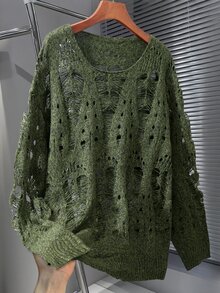 Claim Dot Men Solid Ripped Drop Shoulder Sweater, For Fall, Long Sleeve Top Goth,Y2k,Streetwear - Army Green - View 3