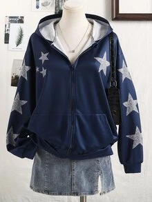 SHEIN 青少年女孩水鑽星星圖案落肩拉鍊連帽衛衣休閒寬鬆運動衫 - 藏蓝色 - 查看 3
