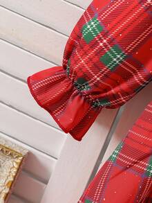 SHEIN Vintaside Kids Young Girls Christmas Red Plaid Long Sleeve Dress, Ruffle Trim & Black Bow Detail, A-Line Holiday Party Dress - Red - View 7