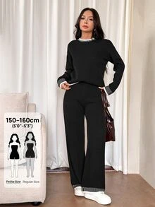 SHEIN PETITE 女款純色圓領長袖毛衣與長褲休閒套裝，常規版型，秋冬季 - 黑色 - 查看 8