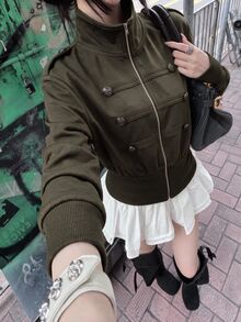 Siren Gaze 秋冬新款拿破崙風立領收腰女款運動衫，適合日間外出，深色復古70年代風 - 軍綠色 - 查看 8