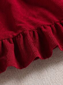 SHEIN Young Girl Corduroy Dress Sweet Deep Red Tree Bow Scalloped Ruffle Hem Long Sleeve Peter Pan Collar Light Winter Holiday Princess Festive - Red - View 7
