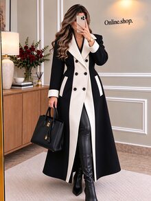 Yalmera Two Tone Double Breasted Overcoat - Black - View 3