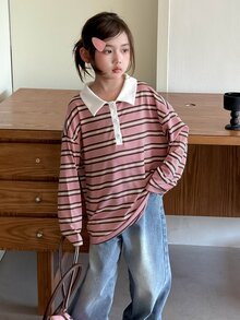 Dazy Kids Tween Girl Polo Collar Striped Drop Shoulder Long Sleeve Casual Loose Fit T-Shirt - Pink - View 6
