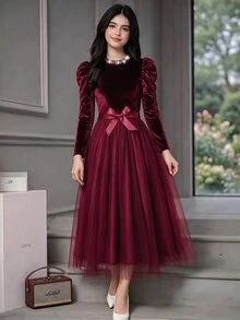 SHEIN 青少年女孩秋季洋裝，返校季、舞會、假日穿搭，休閒舒適日常可愛款 - 酒紅色 - 查看 4