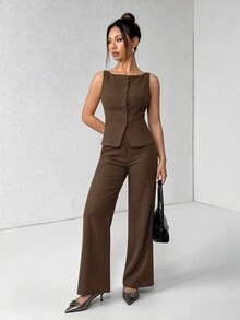 SHEIN PETITE 女款卡其色夏季優雅休閒辦公商務西裝，純色圓領單排扣背心與長褲兩件套穿搭，教師節 - 摩卡棕 - 查看 6