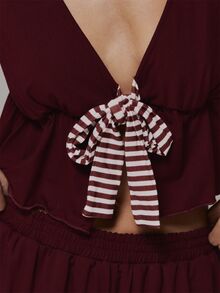 MUSERA Modal Floaty Puff Sleeve Striped Bow Pajama Top Winter Christmas Holiday Cute Sexy Christmas Check - Burgundy - View 6
