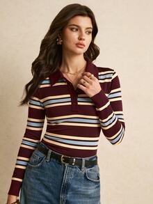 Poéselle Women's Striped Button Half-Placket Long Sleeve T-Shirt,Brown Top,Casual Blouses,Basic Tops,Work Outfits,Cute Tops ,Going Out Tops,Fall/Winter - Brown - View 4