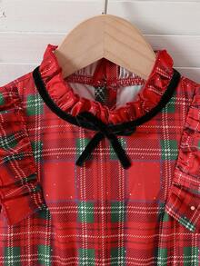 SHEIN Vintaside Kids Young Girls Christmas Red Plaid Long Sleeve Dress, Ruffle Trim & Black Bow Detail, A-Line Holiday Party Dress - Red - View 5