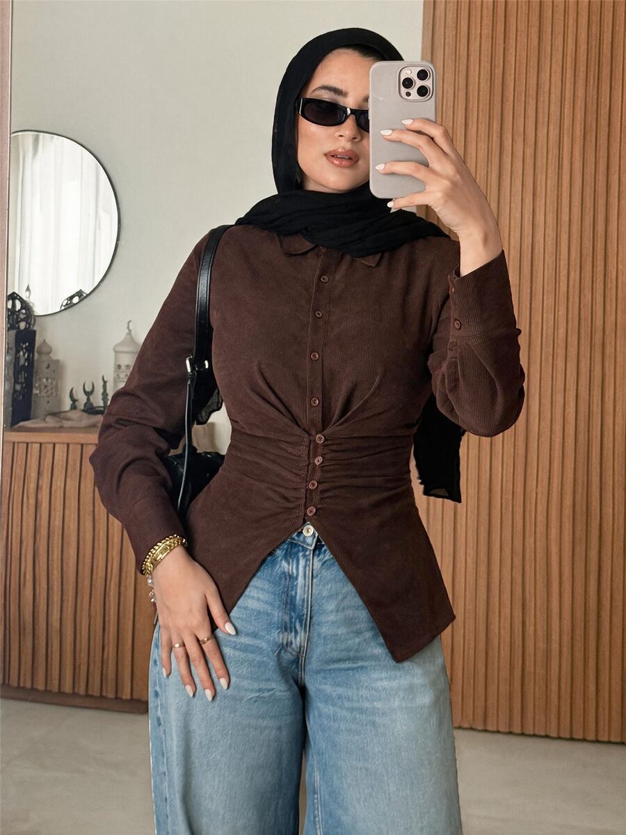 Solavon Women's Solid Color Long Sleeve Single-Breasted Pleated Casual Blouse - Coffee Brown - View 1