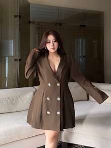 Vibekara Plus Size Women's Long Sleeve Fashion Napoleon Style Long Blazer - Brown - View 4