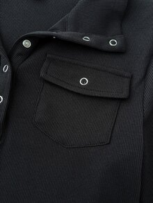 SHEIN 青少年女孩黑色Y2K風金屬孔眼領半開襟前襟翻蓋口袋修身長袖T恤上衣，秋季冬季層搭款 - 黑色 - 查看 6