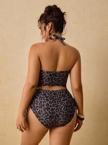 Travachic Plus Size Women's Sexy Leopard Print Criss-Cross Halter Hollow One-Piece Swimsuit, Side Drawstring High Cut Slim Fit Swimwear - Brown - View 2
