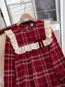 SHEIN Tween Girl Plaid Print Contrast Ruffle Trim Lantern Sleeve Dress - Red - View 8
