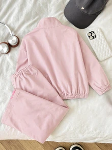 SHEIN 女童小女孩拼色條紋拉鍊外套配蝴蝶結、鬆緊腰長褲，復古套裝，日常穿著校園開學裝 - 淺粉色 - 查看 4