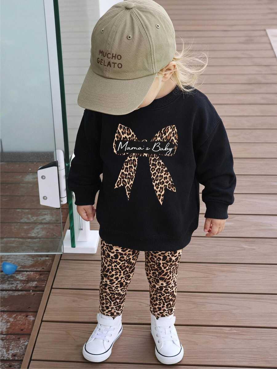 THE HAPPY LOOK Young Girl Casual Comfortable Kids Daily Versatile Black Sweatshirt & Leopard Print Pants Set - Black - View 1