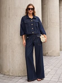 Selenza Jaket Denim Kasual Wanita Kancing Tunggal untuk Sehari-hari - Biru - View 11