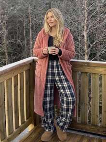 Livesso Solid Teddy Coat & Plaid Print Pants PJ Set - Pink - View 6