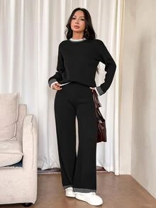 SHEIN PETITE 女款純色圓領長袖毛衣與長褲休閒套裝，常規版型，秋冬季 - 黑色 - 查看 4