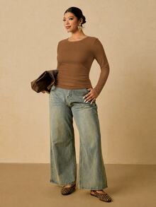 Freevana 大尺碼女款全白長袖圓領保暖內搭衫 腰部抓皺收腹 T-Shirt 秋季上衣 寬鬆 度假休閒 正式穿搭 - 鏽棕色 - 查看 3