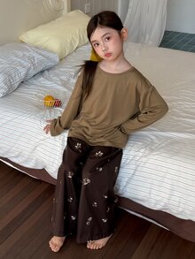 Dazy Kids Tween Girl) Round Neck Pullover Solid Color Casual T-Shirt + Straight Leg Long Pants Casual Home Wear 2 Pieces Set - Brown - View 4
